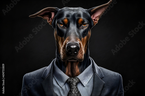 Studio portrait of doberman pincher dog in suit shirt tie and sunglasses © gaukharyerk