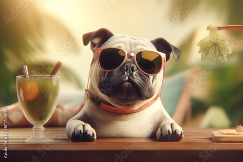 Animals, travel and vacation concept. Funny and cute looking dog on vacation relaxing near pool with exotic and tropical cocktail. Pet wearing sunglasses. Generative AI © Rytis