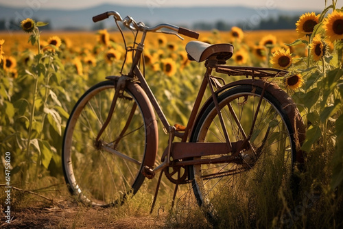 A vintage bicycle parked by a blooming field of sunflowers, flat cinematic view Generative AI © forenna