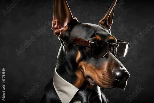 Studio portrait of doberman pincher dog in suit shirt tie and sunglasses