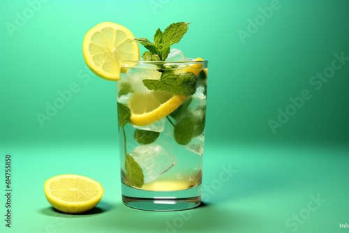 A refreshing glass of lemonade garnished with a slice of lemon and mint leaves, flat cinematic view Generative AI