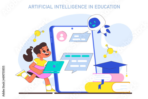 AI in children education. Little school girl gaining knowledge with help