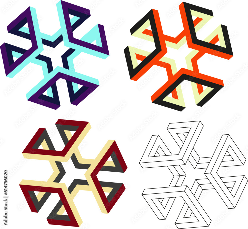 Triple infinite logo design set vector isolated. Outline geometric collection of impossible shapes. Multicolor triple impossible figures logo design elements . 3d abstract colorful infinite symbols. Triple infinite logo design set vector isolated. Outline geometric collection of impossible shapes. Multicolor triple impossible figures logo design elements . 3d abstract colorful infinite symbols.