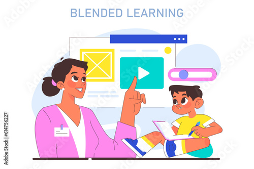 Blended or hybrid learning. Modern education methodic. A combination
