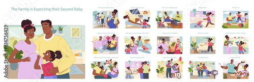 Family expecting a second child set. Black woman pregnant with a second