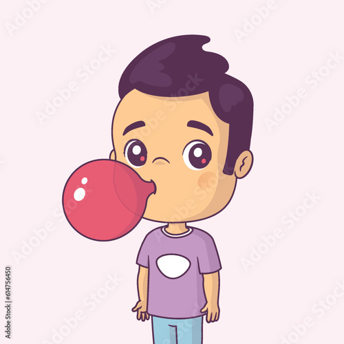 Little boy blowing a bubble from chewing gum vector cartoon illustration