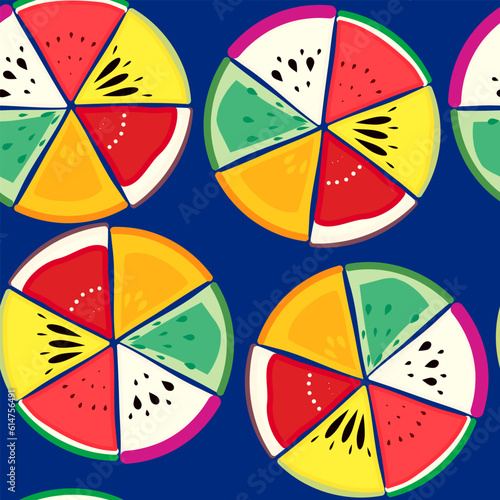 seamless pattern of all summer fruits in vector illlustration. bright summer colors: blue, red, orange, yellow. watermelon, papaya, fig, orange, lime, dragon on blue background