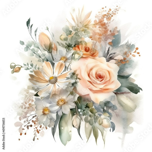 Watercolor floral bridal bouquet illustration, Botanic illustration. Wedding stationary, greetings, wallpapers, fashion. Generative AI
