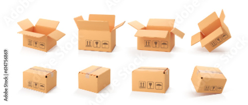 3D cardboard open and closed boxes isolated on white background. Delivery cargo box set. Cartoon style cardboard box or delivery package. Vector 3d realistic