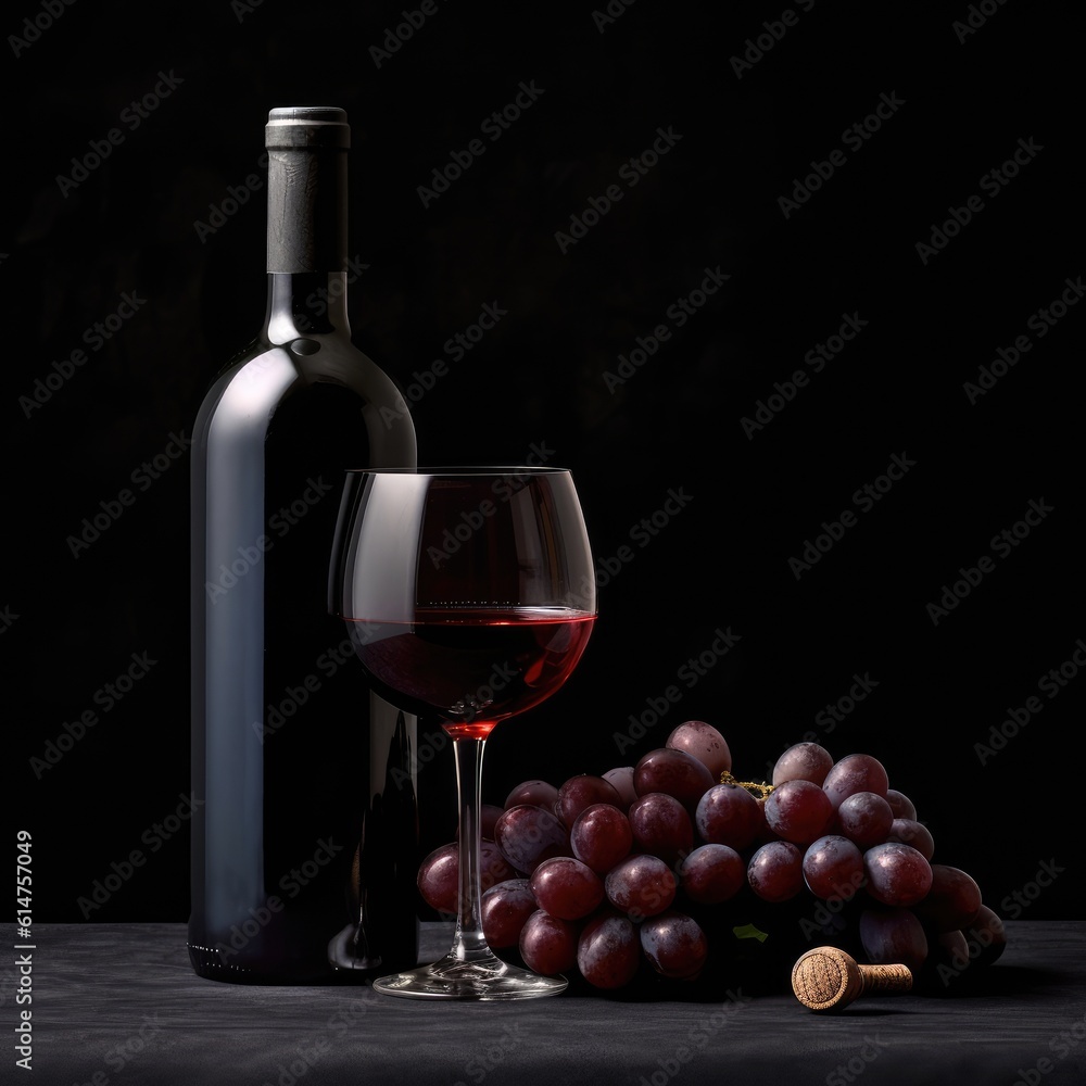 A bottle of red wine with a glass and a bunch of grapes