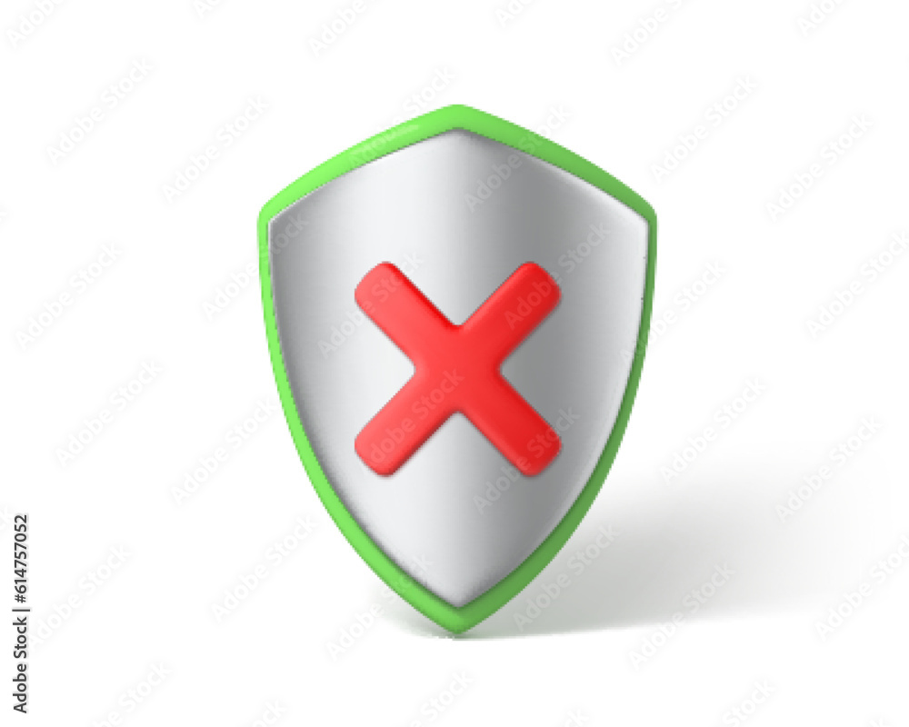 3d render shield isolated on white background. Shield with red cross. NO or decline symbol. Security, protection and safety concept. Vector 3D Illustration 3d render shield isolated on white background. Shield with red cross. NO or decline symbol. Security, protection and safety concept. Vector 3D Illustration
