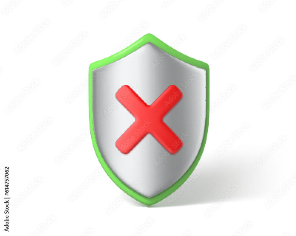 Obraz premium 3d render shield isolated on white background. Shield with red cross. NO or decline symbol. Security, protection and safety concept. Vector 3D Illustration