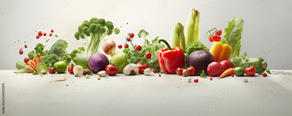 A banner of healthy vegetables on a white background with a place for your text. generative ai A banner of healthy vegetables on a white background with a place for your text. generative ai