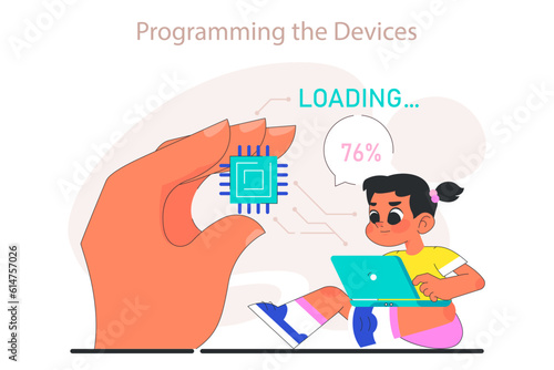 Little girl do programming. Computer science, AI, game technologies