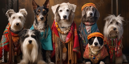 Group of positive dogs of different breeds dressed in beautiful boho clothes, concept of Animal fashion, created with Generative AI technology photo