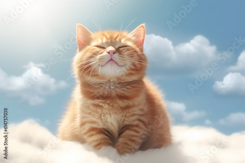 happy ginger cat sitting on a heavenly cloud, made with generative ai
