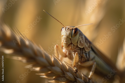 Green grashopper sitting on the wheat. Grasshopper in its natural environment. A close up of a grasshopper's face. Realistic 3D illustration. Generative AI © Vagner Castro