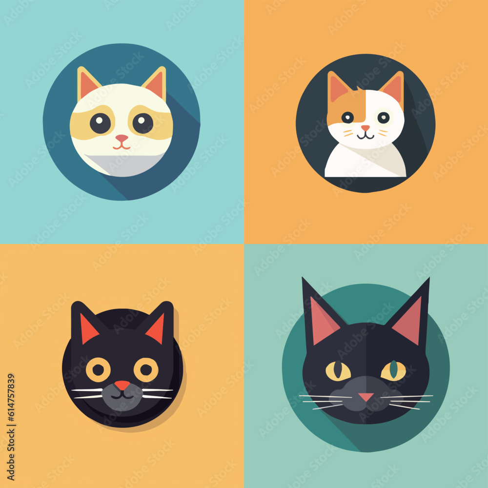 Obraz premium animal, art, background, black, cartoon, cat, character, collection, cute, design, domestic, drawing, emoticons, face, flat, fun, funny, graphic, happy, head, icon, illustration, isolated, kitten, kit