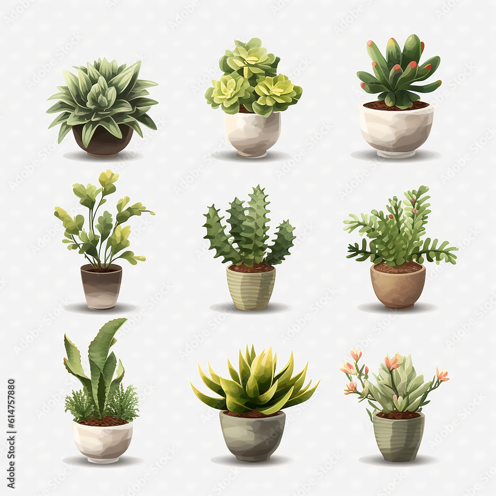 set of cactus in pots, ai generated