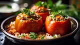 stuffed peppers filled with ground beef, rice, and tomato sauce, garnished with fresh parsley