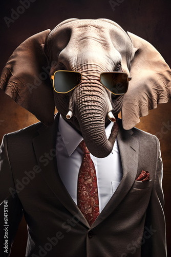 Studio portrait of elephant in suit shirt tie and sunglasses