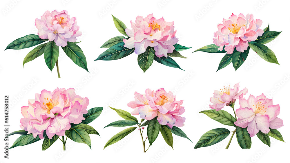 Watercolor rhododendron set. Generative Ai Watercolor rhododendron set. Generative Ai