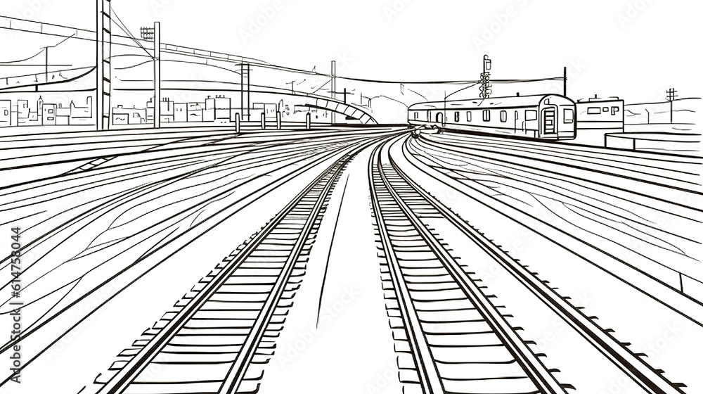 Black Outline of tracks, sleepers and turnouts at the station, generative AI. Black Outline of tracks, sleepers and turnouts at the station, generative AI.