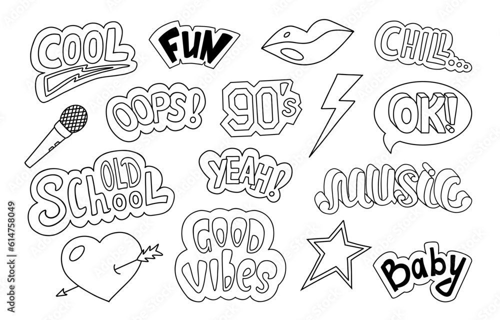 90s or Y2k style Hand Drawn Lettering on white. Doodle vector sticker. Speech bubble elements. Outline vector 90s or Y2k style Hand Drawn Lettering on white. Doodle vector sticker. Speech bubble elements. Outline vector