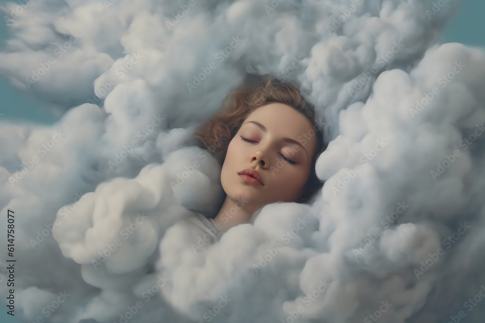 blonde woman asleep on a cloud, made with generative ai