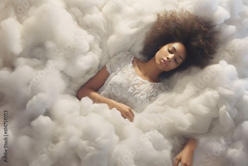 poc woman asleep on a cloud in morning sun, made with generative ai photo