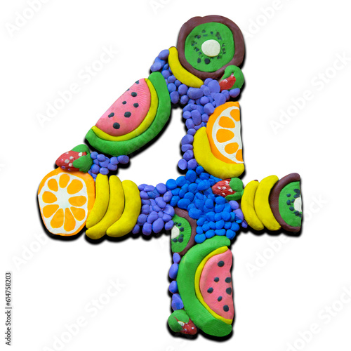 Bright plasticine numbers. Fruity, summer theme. Number 4 isolated on white background. 3d illustration