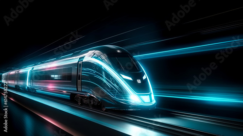 The modern train rushes at speed, generative AI. © puhimec