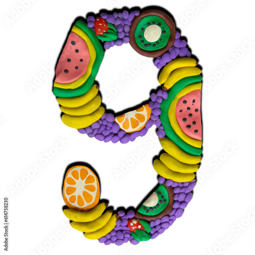 Bright plasticine numbers. Fruity, summer theme. Number 9 isolated on white background. 3d illustration