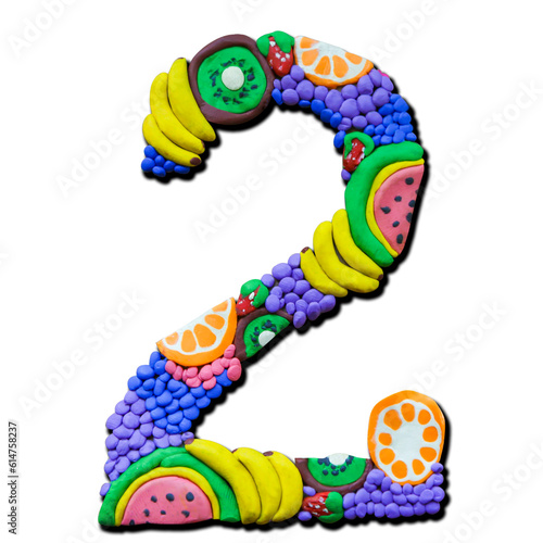 Bright plasticine numbers. Fruity, summer theme. Number 2 isolated on white background. 3d illustration