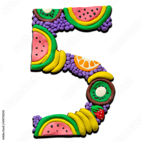 Bright plasticine numbers. Fruity, summer theme. Number 5 isolated on white background. 3d illustration