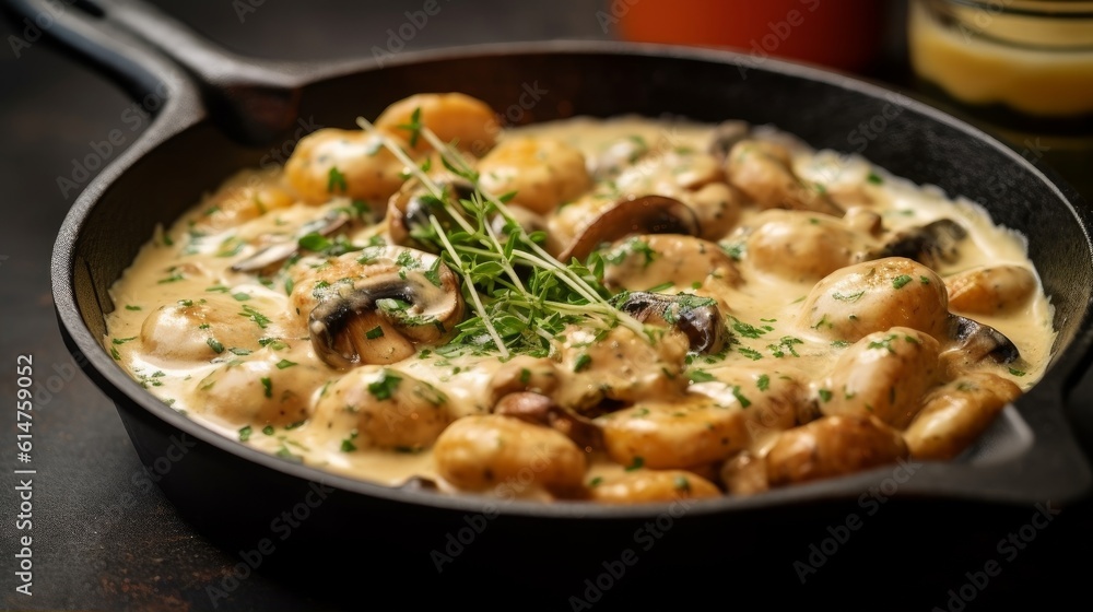 gnocchi served in a skillet with creamy sauce and sautéed mushrooms