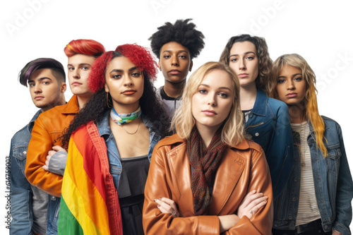 a photo of a group of young diverse people lgbtq+ activists holding the lgbt pride rainbow flag. png isolated on transparent background. Generative AI