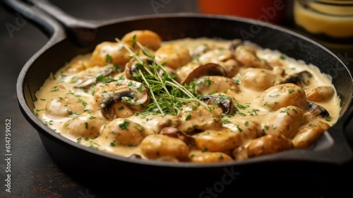 gnocchi served in a skillet with creamy sauce and sautéed mushrooms