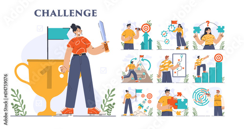 Business or professional challenge set. Character overcoming obstacles