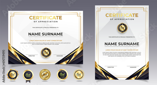 Black and gold certificate of appreciation border template with luxury badge and modern line and shapes. For award, business, and education needs. Diploma vector template