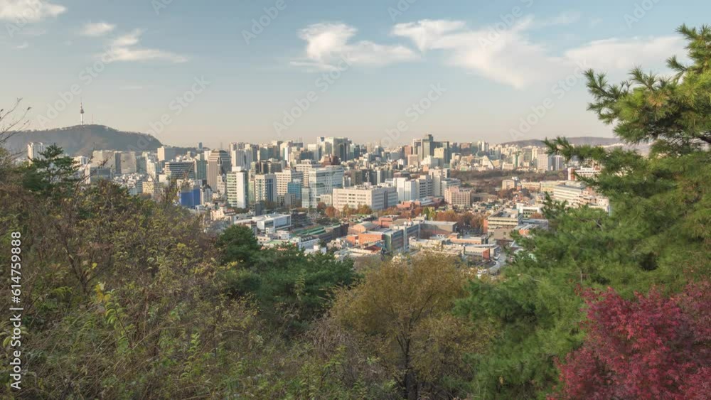 Seoul South Korea time lapse 4K, city skyline timelapse at Seoul city center view from Naksan Park in autumn Seoul South Korea time lapse 4K, city skyline timelapse at Seoul city center view from Naksan Park in autumn