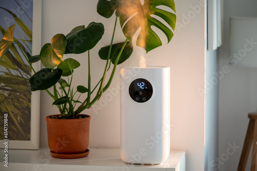 Photos Modern humidifier at home, moistens dry air surrounded by indoor Monstera houseplant