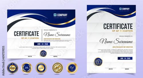 Certificate of appreciation template, gold and blue color. Clean modern certificate with gold badge. Certificate border template with luxury and modern line pattern. Diploma vector template	