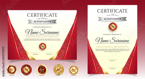 Modern employee of the month certificate. Black and Gold certificate with badges. vector