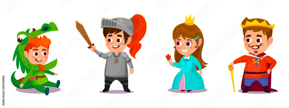 Children in costumes for a fairy tale theater play isolated on white background. Boy and girl students dressed as a king, princess, knight, prince and dragon. Cartoon vector illustration. Children in costumes for a fairy tale theater play isolated on white background. Boy and girl students dressed as a king, princess, knight, prince and dragon. Cartoon vector illustration.