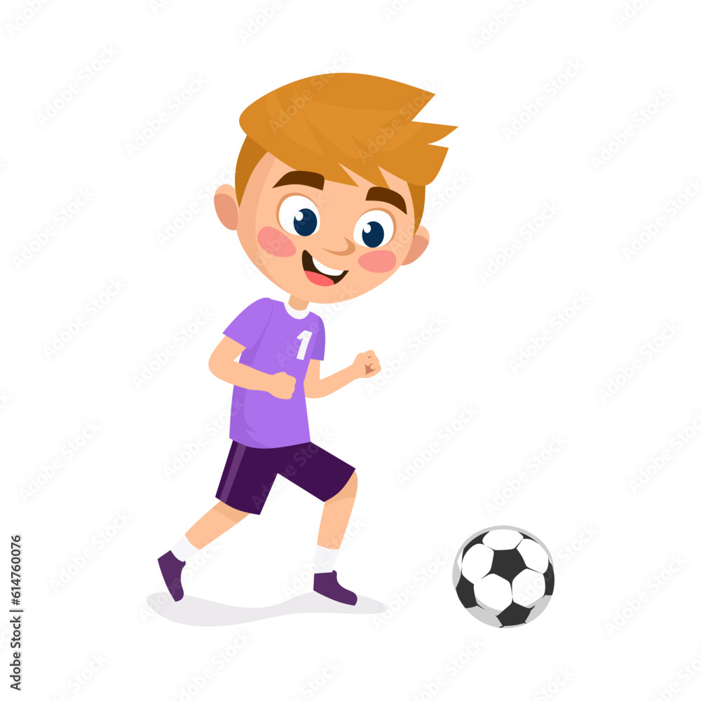 A cute boy in a uniform with a ball playing soccer isolated on white background. A young football player is practicing kicking and scoring goals for the competition. Cartoon vector illustration.
