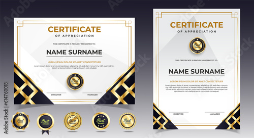 Black and gold certificate of appreciation border template with luxury badge and modern line and shapes. For award, business, and education needs. Diploma vector template