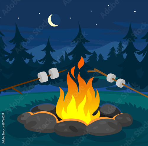 Roasting marshmallows on branches over a campfire in the forest at night. Background of a party in a camp with cooking marshmallows on a fire, moon and stars in the sky. Cartoon vector illustration.