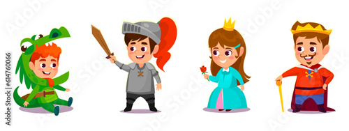 Children in costumes for a fairy tale theater play isolated on white background. Boy and girl students dressed as a king, princess, knight, prince and dragon. Cartoon vector illustration.