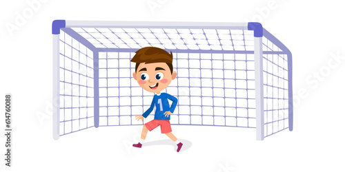 A young boy goalkeeper isolated on white background. Goalie child practicing playing soccer. Cute kid protecting the goal in a football game. Cartoon vector illustration.
